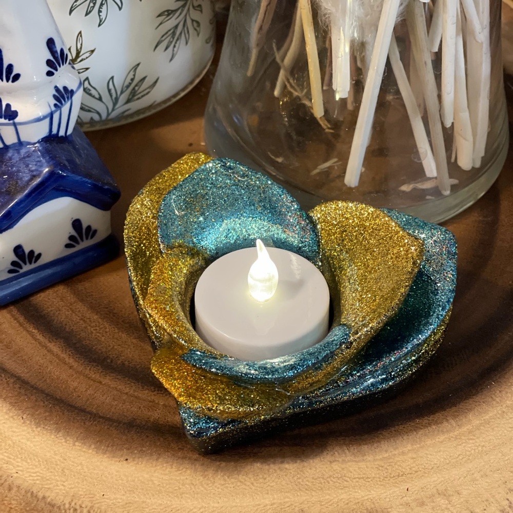 Glittering Gold and Blue Tealight Holder handmade